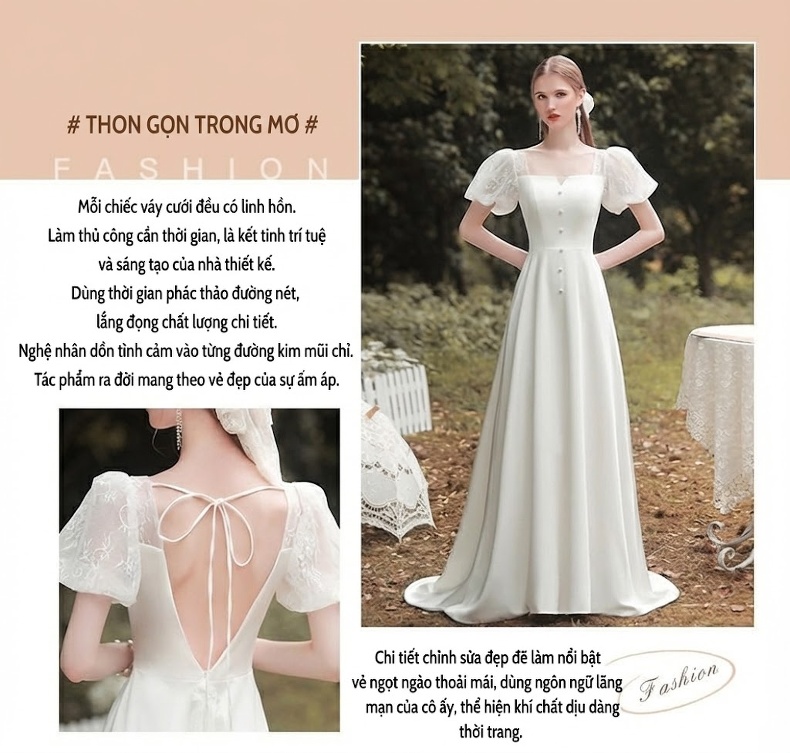 Váy Cưới Ngắn Phong Cách Pháp dáng chữ A Chất Liệu Satin Tay Bồng Phù Hợp Chụp Ảnh Cưới Màu Trắng chi tiết 2