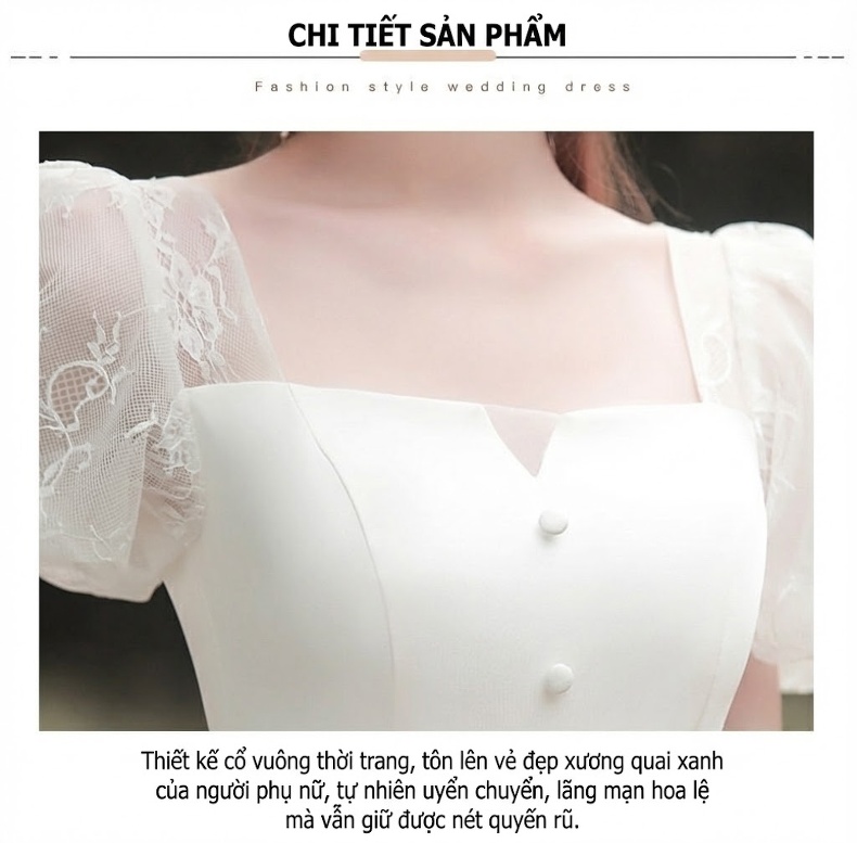 Váy Cưới Ngắn Phong Cách Pháp dáng chữ A Chất Liệu Satin Tay Bồng Phù Hợp Chụp Ảnh Cưới Màu Trắng chi tiết 13