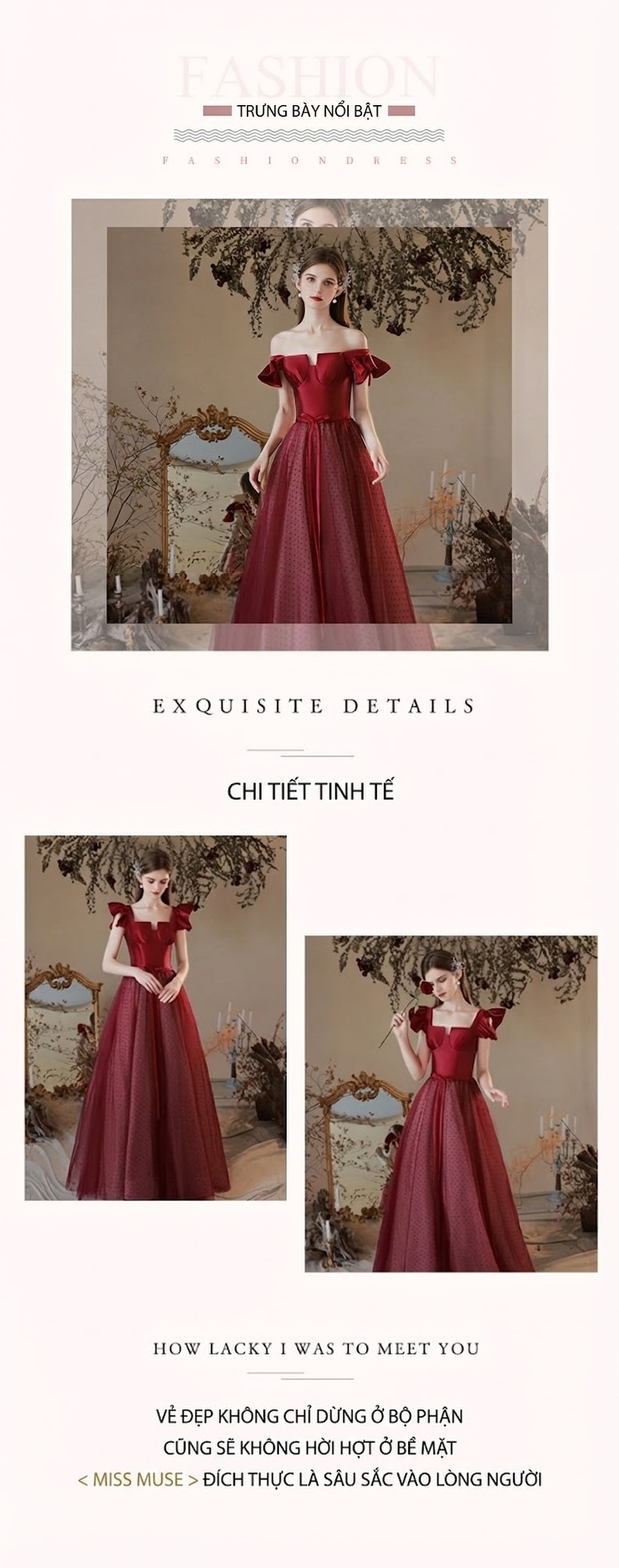Váy Dạ Hội Dáng Dài Chiết Eo Cổ chữ Vuông Tay Bồng Phong Cách Công Chúa Màu Đỏ Rượu Vang chi tiết 3
