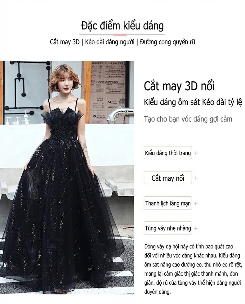 Váy Dạ Hội Dáng Dài Hai Dây Thanh Lịch Màu Đen chi tiết 3