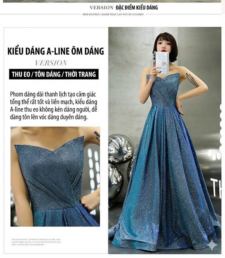 Váy Dạ Hội Dáng Dài Hở Vai Lấp Lánh Dự Tiệc Sang Trọng Màu Xanh Dương chi tiết 2