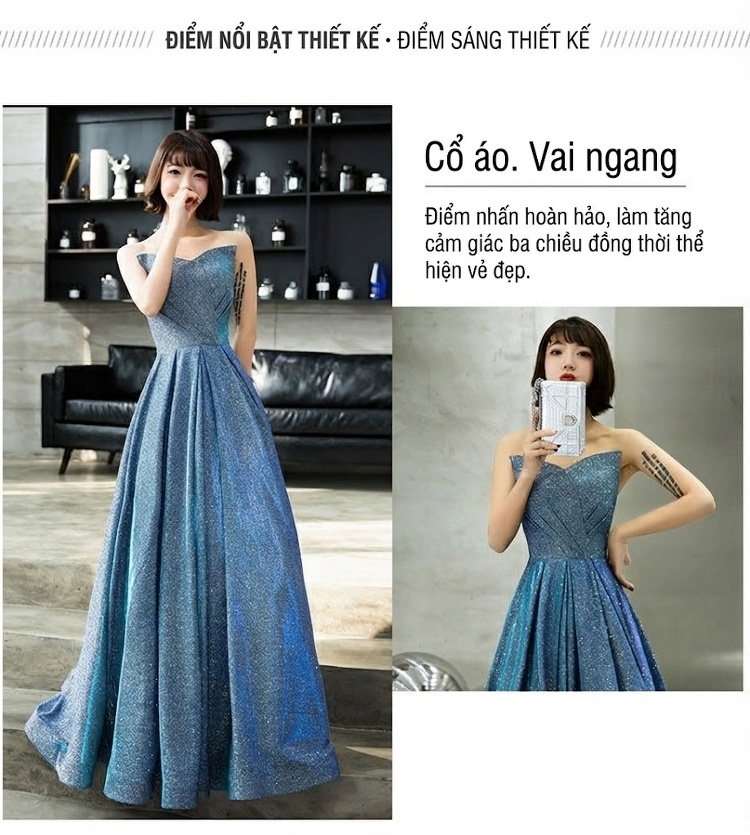 Váy Dạ Hội Dáng Dài Hở Vai Lấp Lánh Dự Tiệc Sang Trọng Màu Xanh Dương chi tiết 3