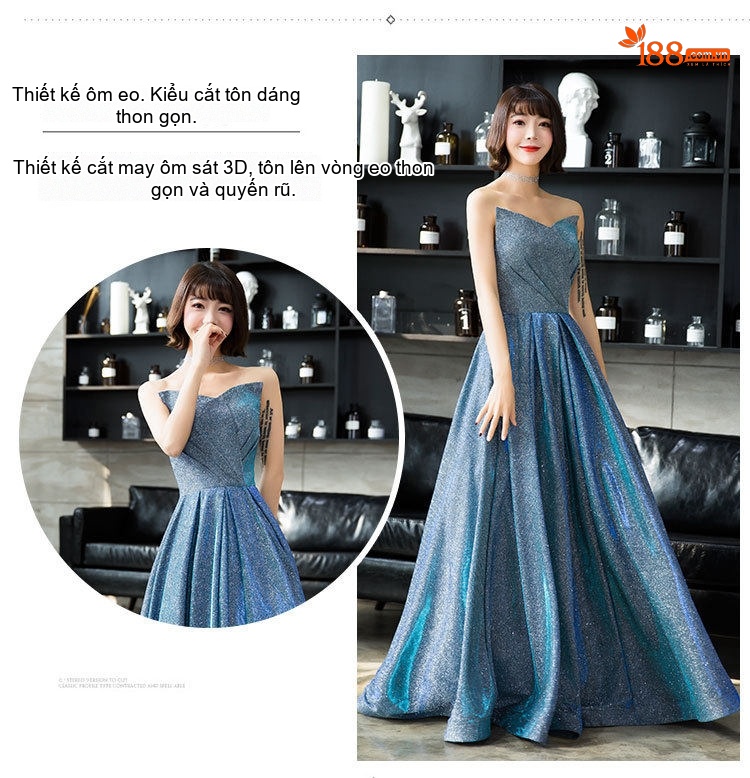 Váy Dạ Hội Dáng Dài Hở Vai Lấp Lánh Dự Tiệc Sang Trọng Màu Xanh Dương chi tiết 4