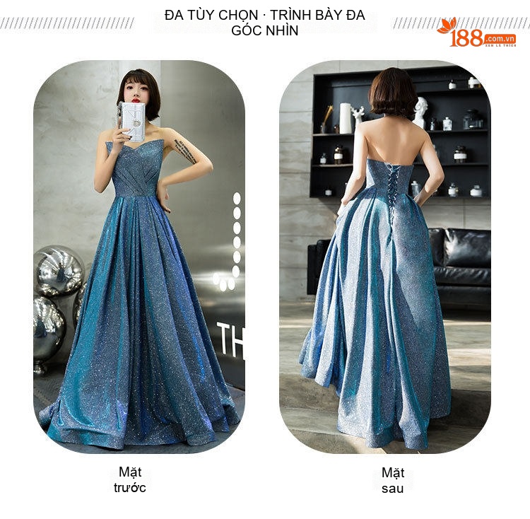 Váy Dạ Hội Dáng Dài Hở Vai Lấp Lánh Dự Tiệc Sang Trọng Màu Xanh Dương chi tiết 6