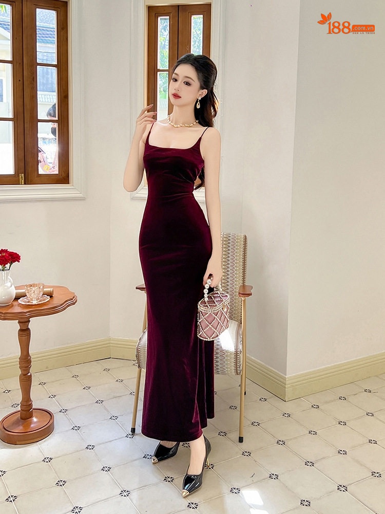 Váy Dạ Hội Dáng Dài Nữ Cổ chữ Vuông Dây Rút Ôm Dáng Chất Liệu Nhung Màu Đen, Đỏ Rượu Vang