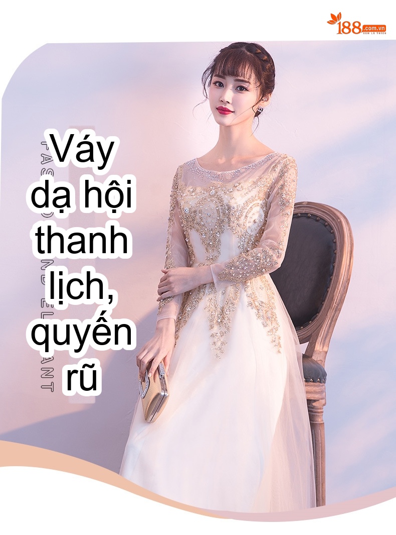 Váy Dạ Hội Dáng Dài Tay Dài Sang Trọng Thêu Kim Tuyến Dự Tiệc Công Ty Màu Vàng Gold, Trắng Kem chi tiết 1