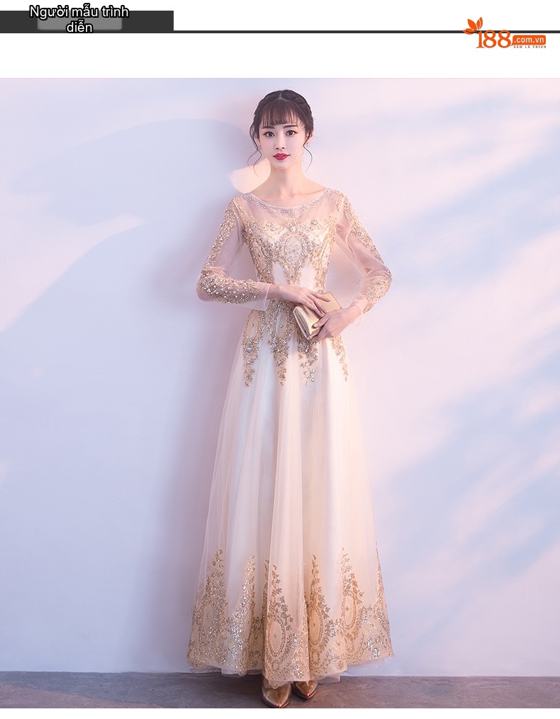 Váy Dạ Hội Dáng Dài Tay Dài Sang Trọng Thêu Kim Tuyến Dự Tiệc Công Ty Màu Vàng Gold, Trắng Kem chi tiết 3