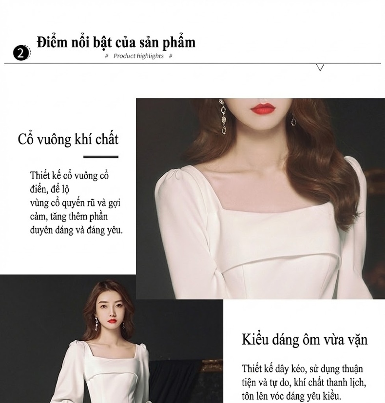 Váy Dạ Hội Dáng Dài Tay Dài Satin Kiểu Pháp Thanh Lịch Màu Trắng chi tiết 2