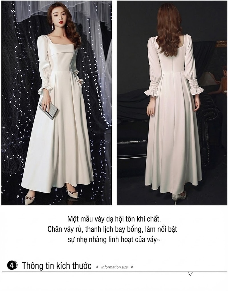 Váy Dạ Hội Dáng Dài Tay Dài Satin Kiểu Pháp Thanh Lịch Màu Trắng chi tiết 4