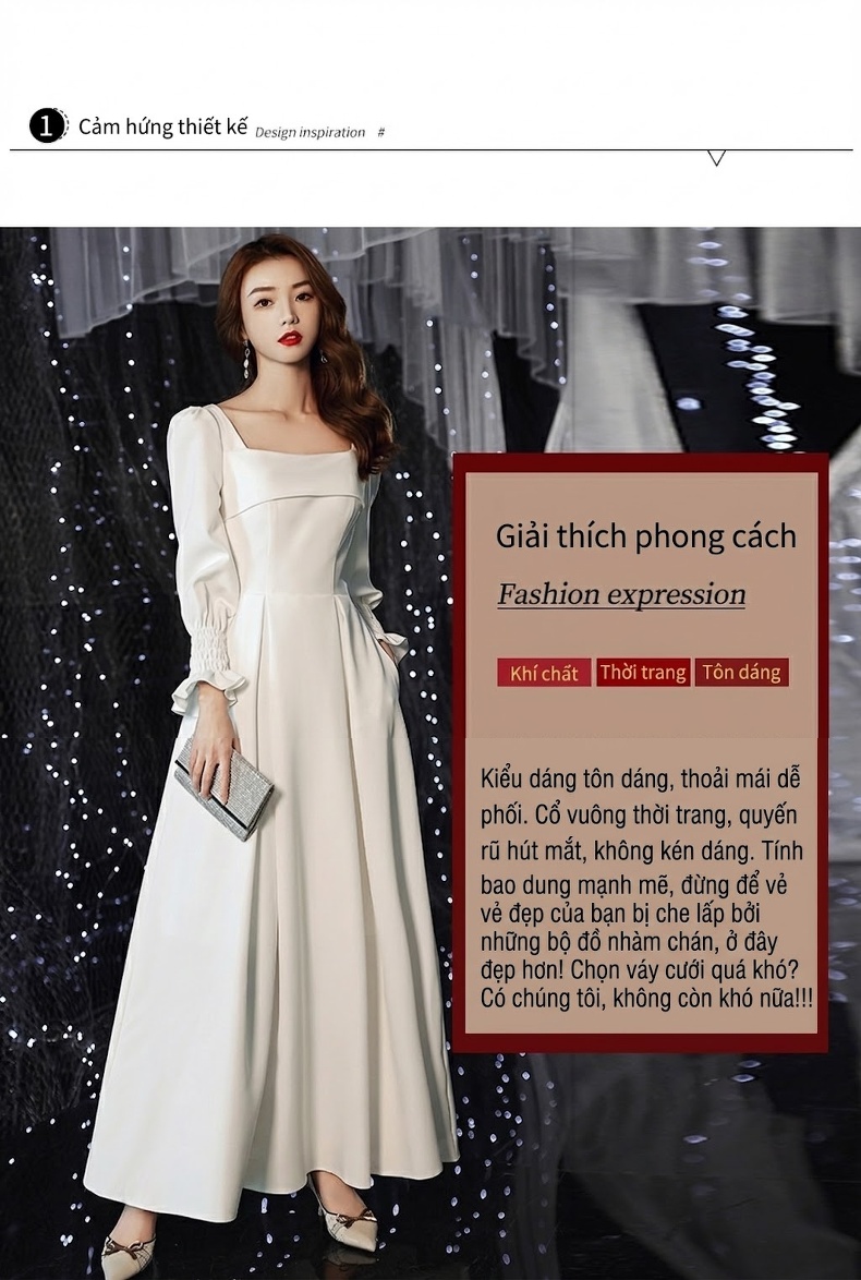 Váy Dạ Hội Dáng Dài Tay Dài Satin Kiểu Pháp Thanh Lịch Màu Trắng chi tiết 1