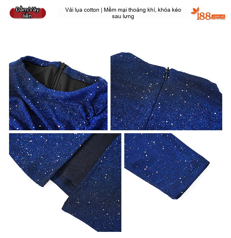 Váy Dạ Hội Dáng Ôm Cổ Tròn Tay Dài Xẻ Tà Đính Kim Sa Lấp Lánh Màu Xanh Navy chi tiết 3