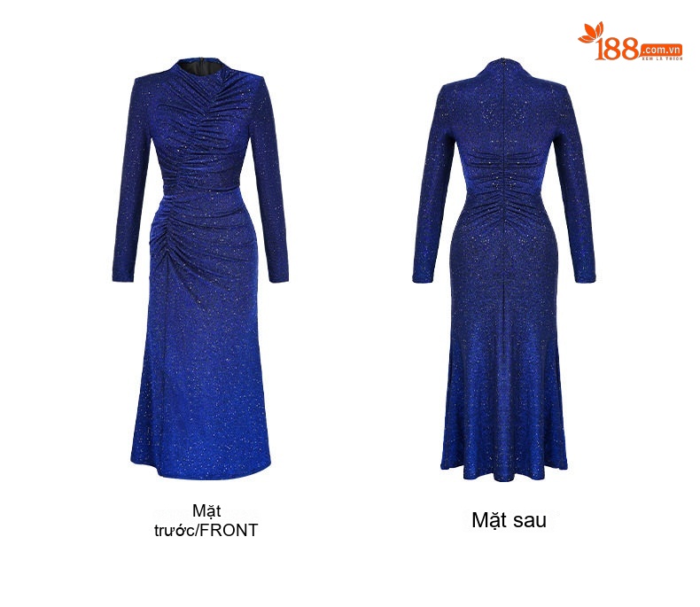Váy Dạ Hội Dáng Ôm Cổ Tròn Tay Dài Xẻ Tà Đính Kim Sa Lấp Lánh Màu Xanh Navy chi tiết 4