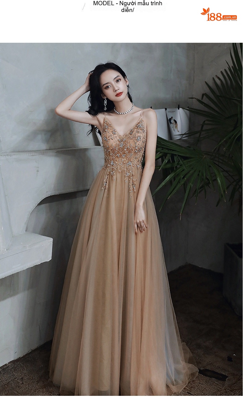 Váy Dạ Hội Dây Đeo Dáng Dài Sang Trọng Dự Tiệc Sinh Nhật Màu Vàng Kem chi tiết 6