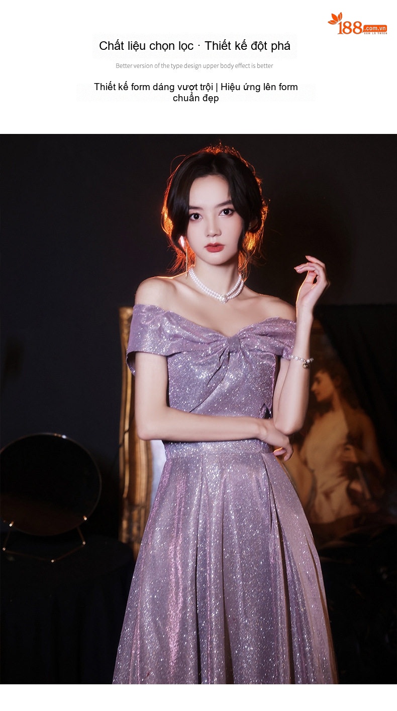 Váy Dạ Hội Hở Vai Bồng Xòe Dự Tiệc Tinh Vân Phong Cách Tiên Nữ Màu Tím chi tiết 2