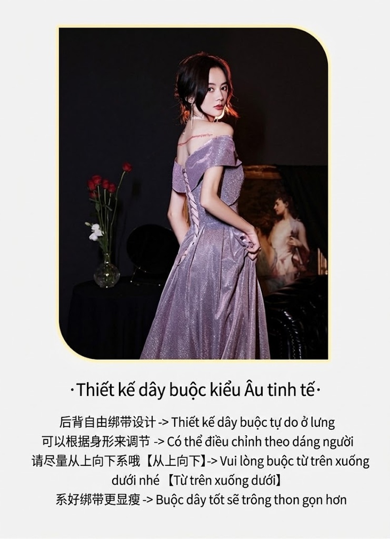 Váy Dạ Hội Hở Vai Bồng Xòe Dự Tiệc Tinh Vân Phong Cách Tiên Nữ Màu Tím chi tiết 10