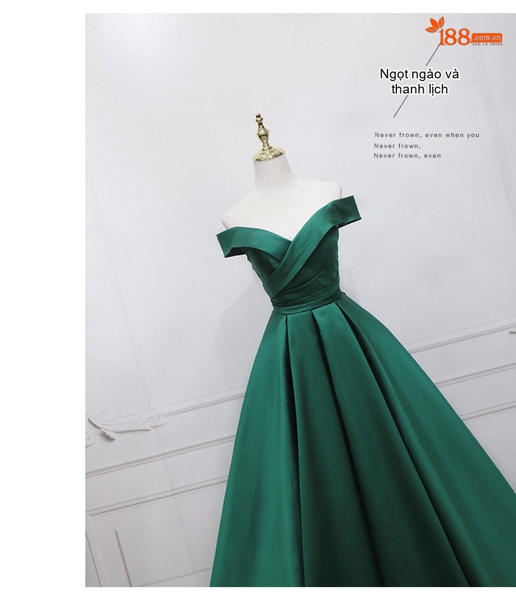 Váy Dạ Hội Hở Vai Dáng Dài Lụa Satin Xanh Lá Sang Trọng chi tiết 9