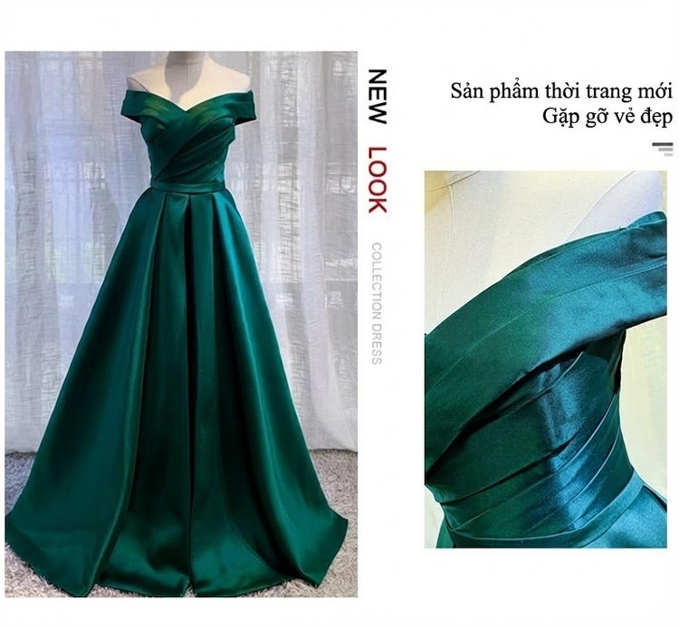 Váy Dạ Hội Hở Vai Dáng Dài Lụa Satin Xanh Lá Sang Trọng chi tiết 2