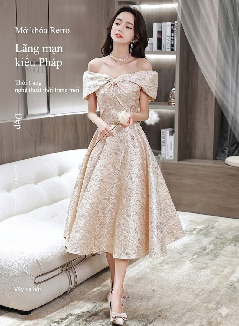Váy Dạ Hội Hở Vai Màu Vàng Ánh Kim Dự Tiệc Sinh Nhật Phong Cách Pháp Cho Nữ chi tiết 1