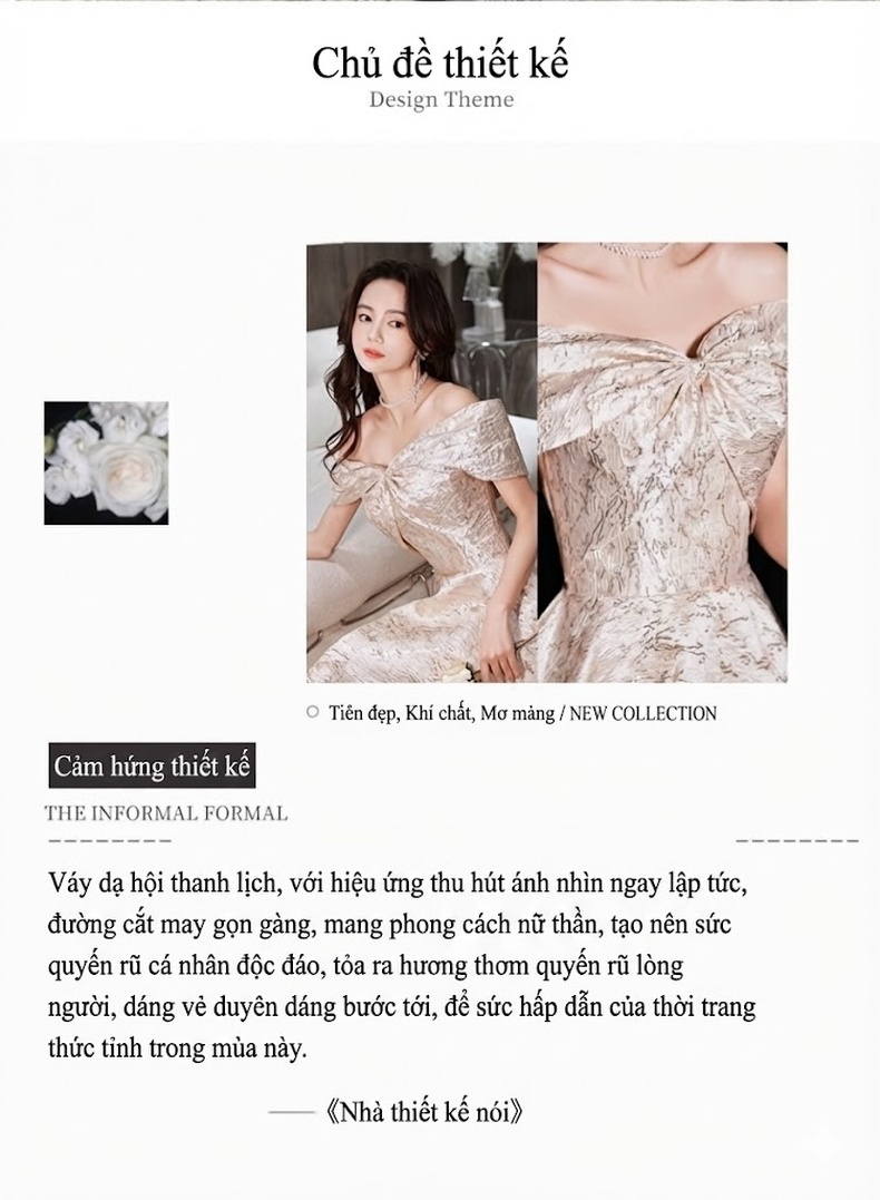 Váy Dạ Hội Hở Vai Màu Vàng Ánh Kim Dự Tiệc Sinh Nhật Phong Cách Pháp Cho Nữ chi tiết 2