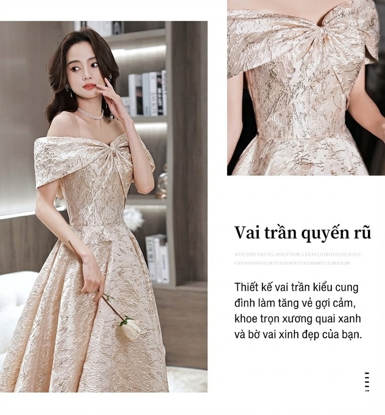 Váy Dạ Hội Hở Vai Màu Vàng Ánh Kim Dự Tiệc Sinh Nhật Phong Cách Pháp Cho Nữ chi tiết 4