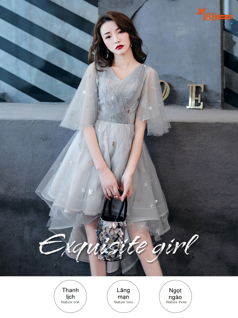 Váy Dạ Hội Ngắn Xòe dáng chữ A Tiểu Thư Thướt Tha Màu Xám, Kem chi tiết 1