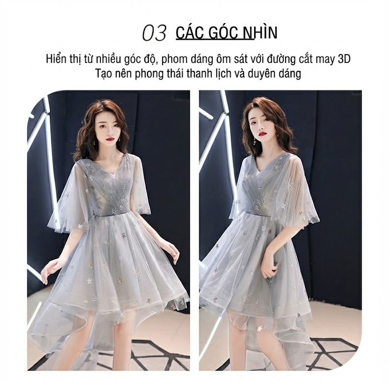Váy Dạ Hội Ngắn Xòe dáng chữ A Tiểu Thư Thướt Tha Màu Xám, Kem chi tiết 3