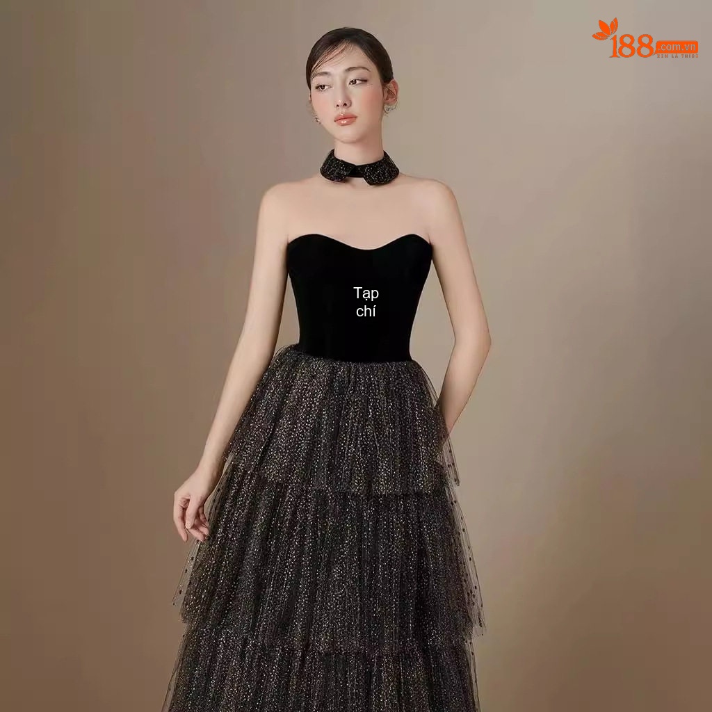 Váy Dạ Hội Nữ Cúp Ngực Phối Lưới Bồng Xòe Chất Liệu Nhung Màu Đen