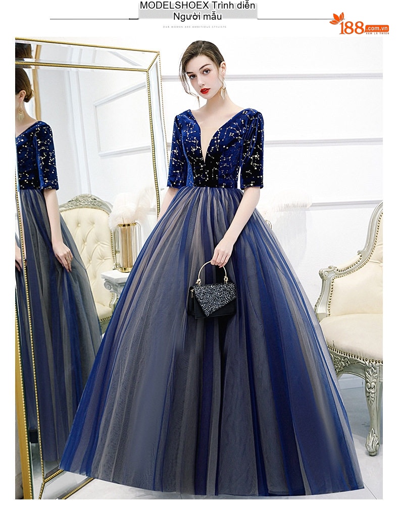 Váy Dạ Hội Nữ Dáng Dài Cổ chữ V Tay Lỡ Xòe Bồng Màu Xanh Navy, Xám chi tiết 5