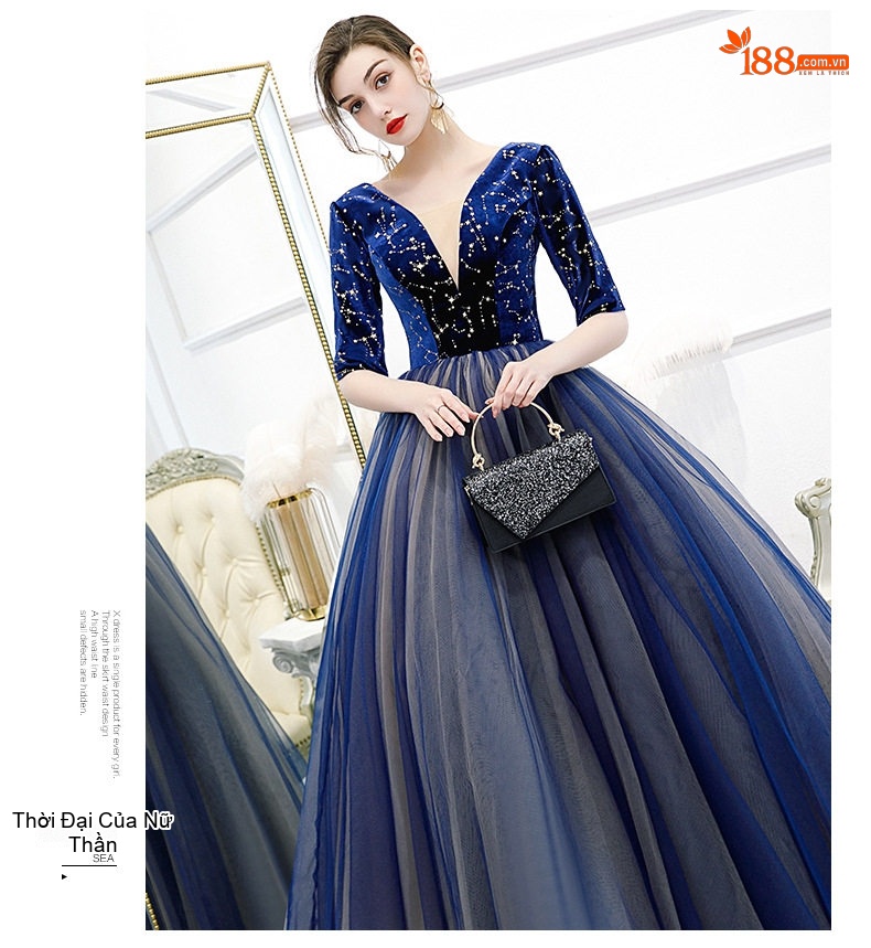 Váy Dạ Hội Nữ Dáng Dài Cổ chữ V Tay Lỡ Xòe Bồng Màu Xanh Navy, Xám chi tiết 6