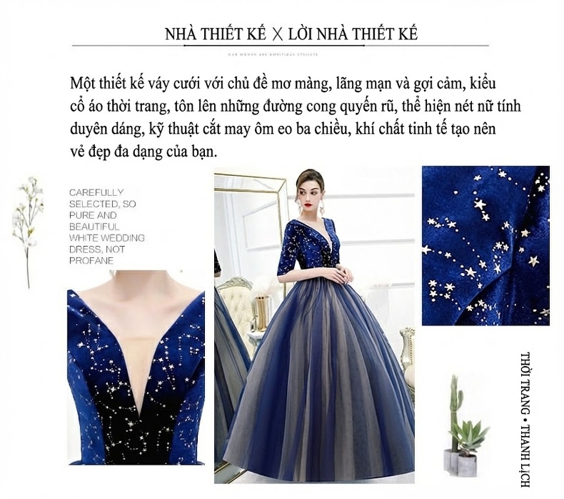 Váy Dạ Hội Nữ Dáng Dài Cổ chữ V Tay Lỡ Xòe Bồng Màu Xanh Navy, Xám chi tiết 2