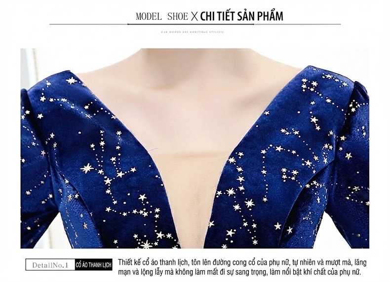 Váy Dạ Hội Nữ Dáng Dài Cổ chữ V Tay Lỡ Xòe Bồng Màu Xanh Navy, Xám chi tiết 9