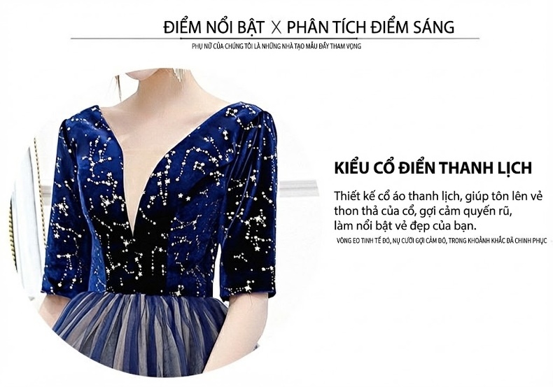 Váy Dạ Hội Nữ Dáng Dài Cổ chữ V Tay Lỡ Xòe Bồng Màu Xanh Navy, Xám chi tiết 3
