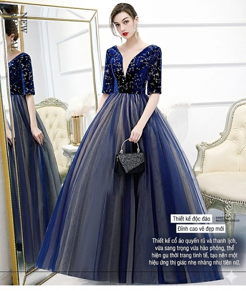 Váy Dạ Hội Nữ Dáng Dài Cổ chữ V Tay Lỡ Xòe Bồng Màu Xanh Navy, Xám chi tiết 1