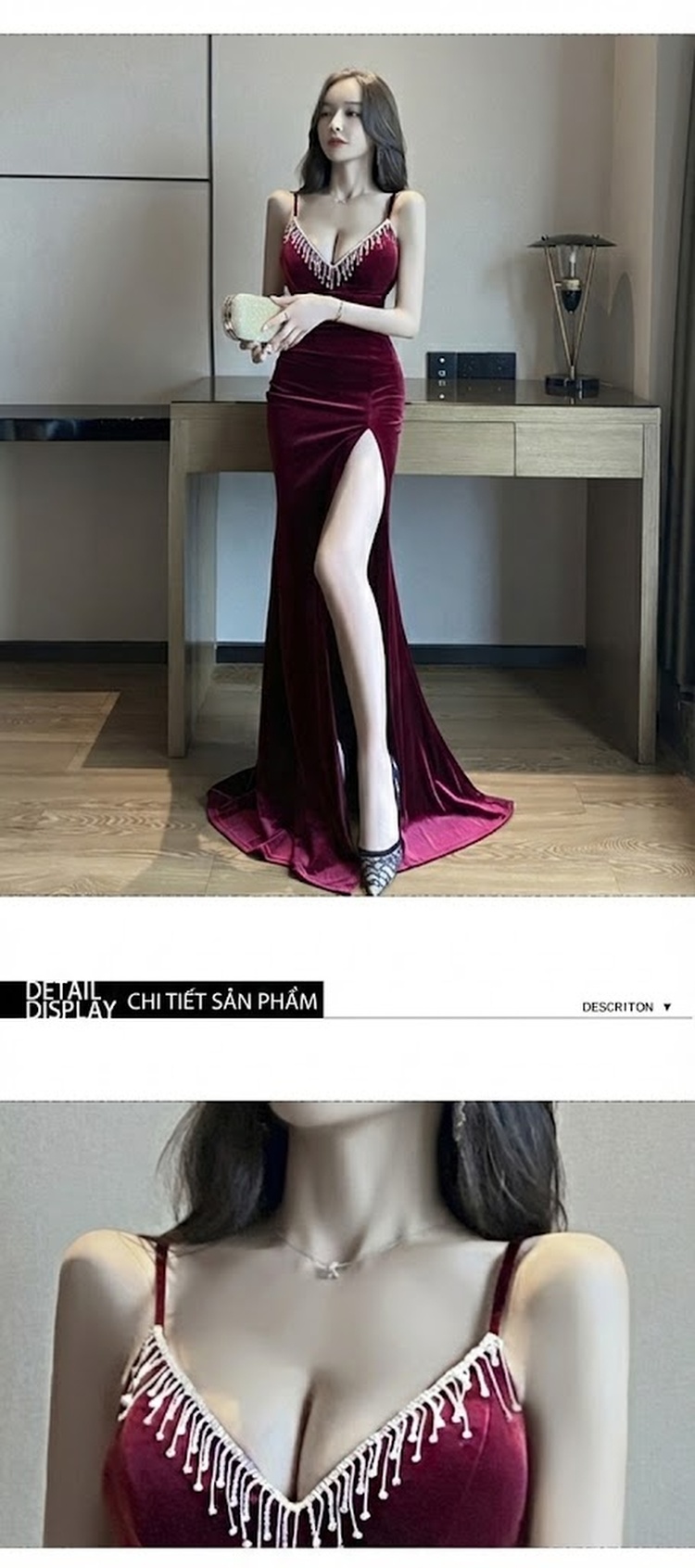 Váy Dạ Hội Nữ Dáng Dài Hai Dây Cổ Chữ V Xẻ Tà Chất Liệu Kim Tuyến Màu Đỏ, Đen chi tiết 6