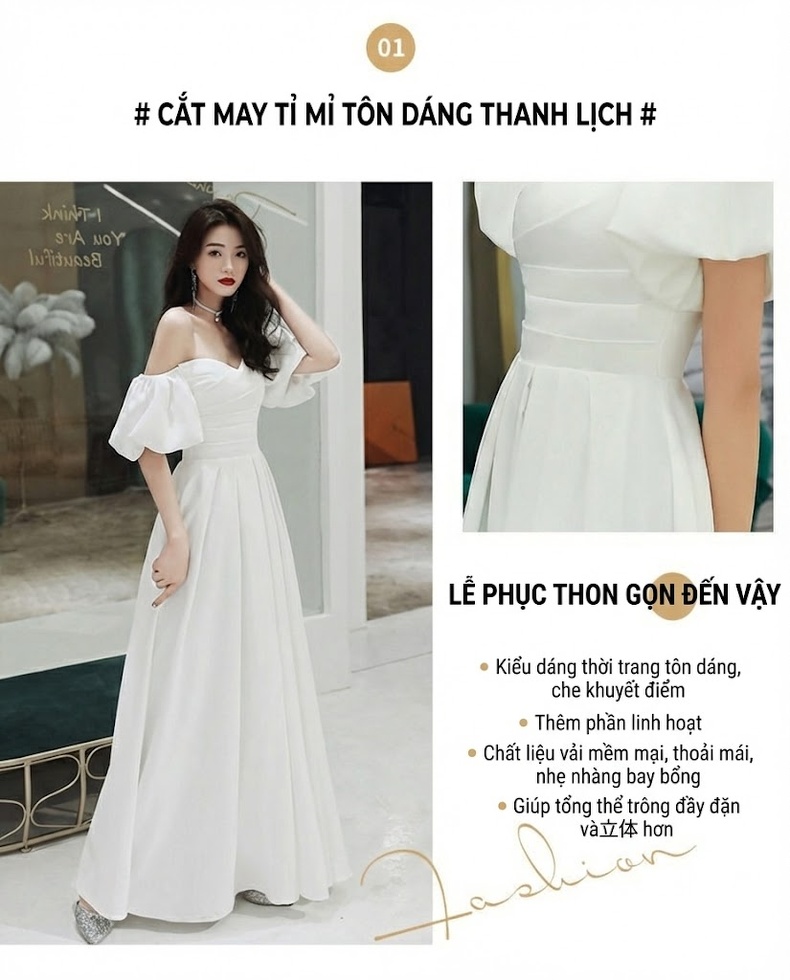 Váy Dạ Hội Nữ Dáng Dài Hở Vai Phong Cách Tiểu Thư Màu Trắng chi tiết 1