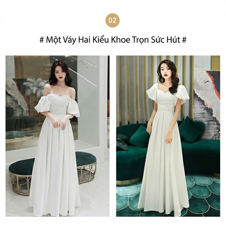 Váy Dạ Hội Nữ Dáng Dài Hở Vai Phong Cách Tiểu Thư Màu Trắng chi tiết 2
