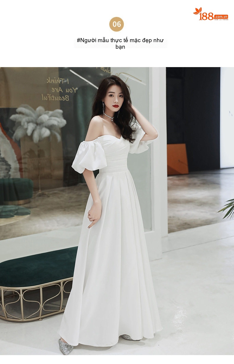 Váy Dạ Hội Nữ Dáng Dài Hở Vai Phong Cách Tiểu Thư Màu Trắng chi tiết 6