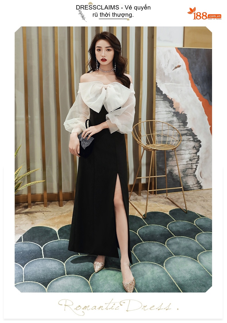 Váy Dạ Hội Nữ Dáng Dài Hở Vai Thiết Kế Nơ Dự Tiệc Sang Trọng Màu Đen, Đỏ chi tiết 1