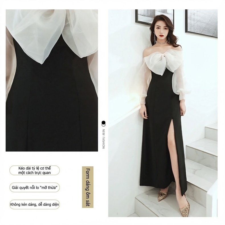 Váy Dạ Hội Nữ Dáng Dài Hở Vai Thiết Kế Nơ Dự Tiệc Sang Trọng Màu Đen, Đỏ chi tiết 4