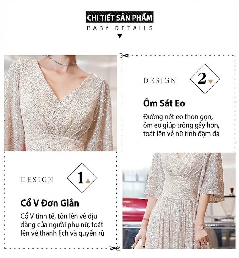 Váy Dạ Hội Nữ Dáng Dài Tay Lỡ Thiết Kế Sang Trọng Màu Vàng Be chi tiết 1