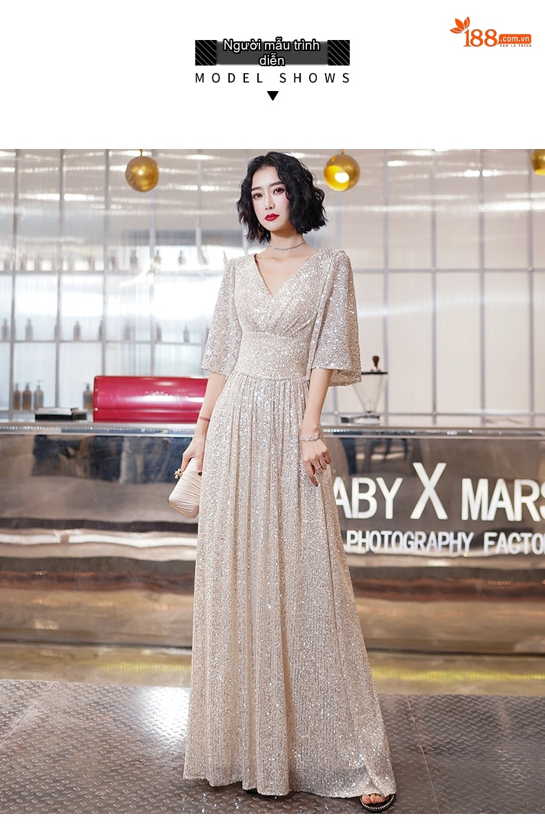Váy Dạ Hội Nữ Dáng Dài Tay Lỡ Thiết Kế Sang Trọng Màu Vàng Be chi tiết 5