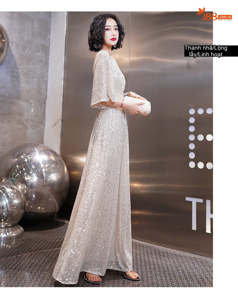 Váy Dạ Hội Nữ Dáng Dài Tay Lỡ Thiết Kế Sang Trọng Màu Vàng Be chi tiết 12
