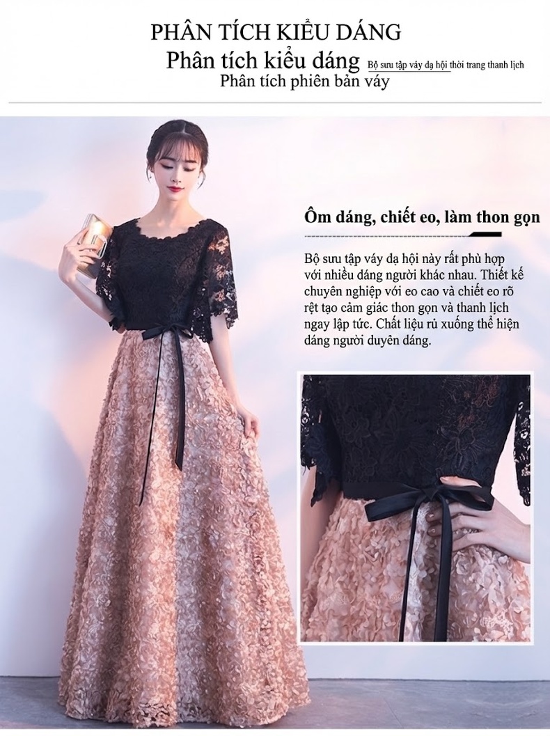 Váy Dạ Hội Nữ Dáng Dài Thiết Kế Trang Nhã Màu Đen, Vàng Đồng chi tiết 2