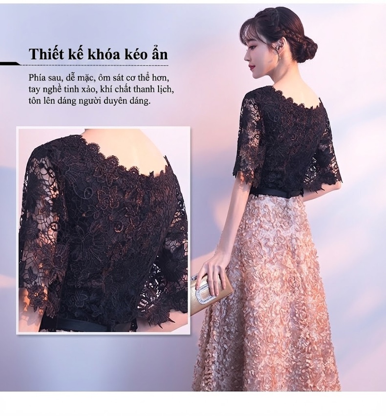 Váy Dạ Hội Nữ Dáng Dài Thiết Kế Trang Nhã Màu Đen, Vàng Đồng chi tiết 3