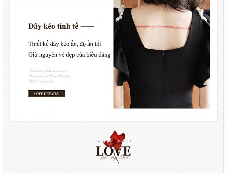 Váy Dạ Hội Nữ Dáng Dài Tiểu Thư Tay Bồng Đính Ngọc Trai Màu Đen, Đỏ chi tiết 3