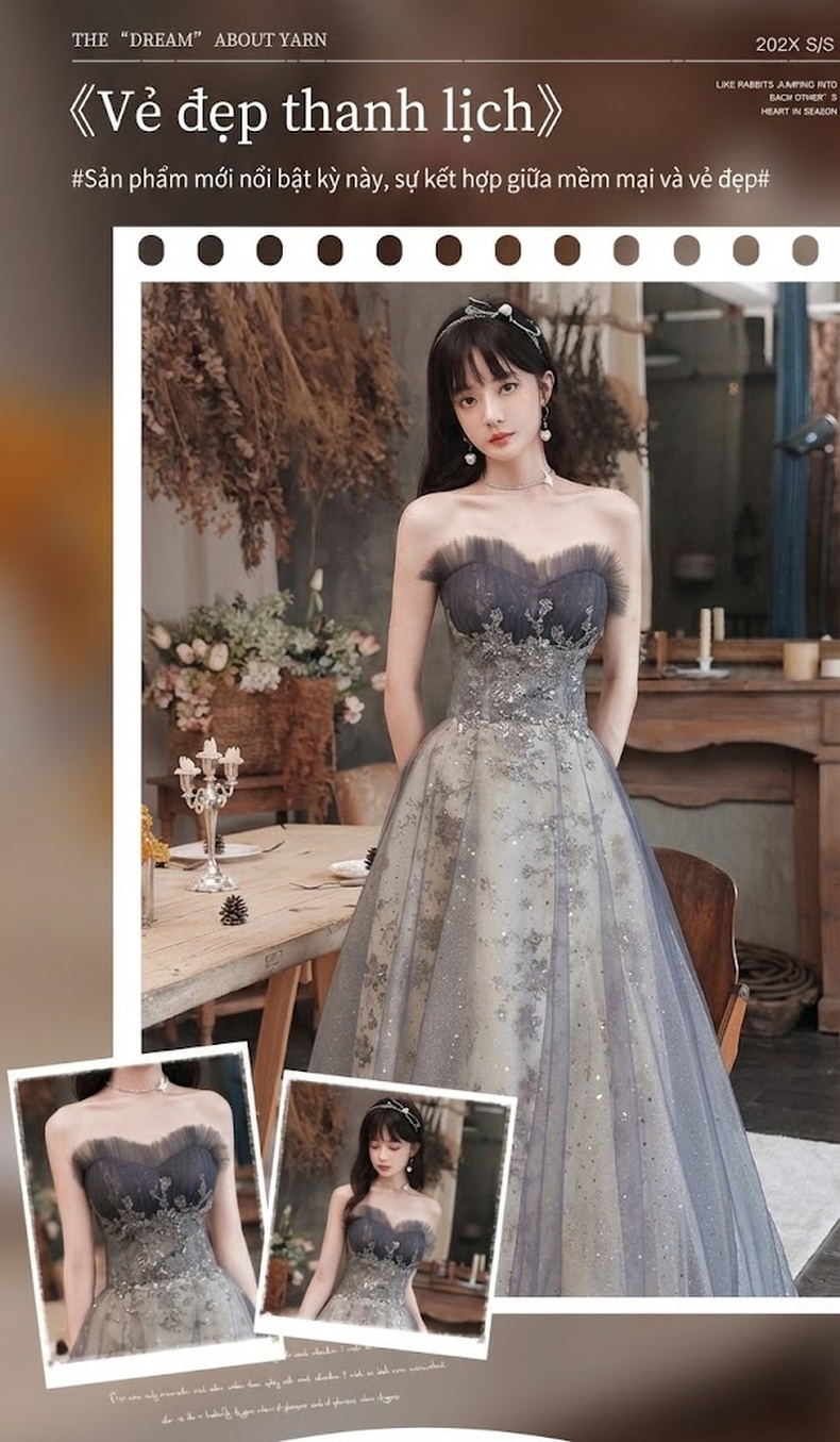 Váy Dạ Hội Nữ Dáng Xòe Cúp Ngực Phong Cách Pháp Cao Cấp Màu Xám Xanh chi tiết 1