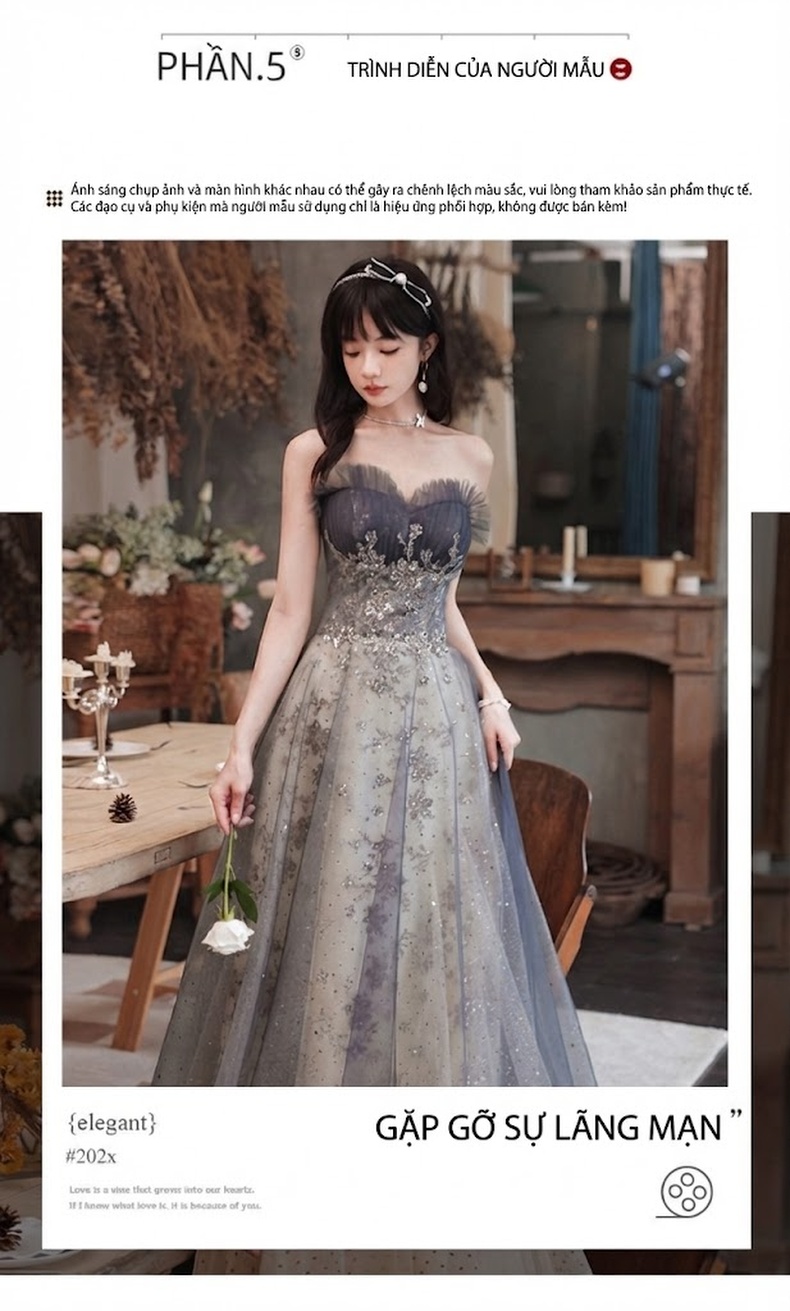 Váy Dạ Hội Nữ Dáng Xòe Cúp Ngực Phong Cách Pháp Cao Cấp Màu Xám Xanh chi tiết 7
