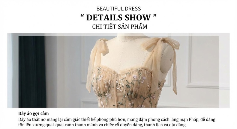 Váy Dạ Hội Nữ Dáng Xòe Hai Dây Họa Tiết Hoa Thanh Lịch Màu Trắng Kem, Đen chi tiết 14