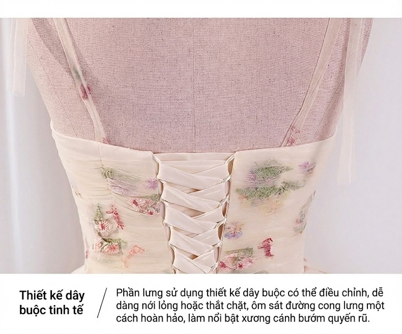 Váy Dạ Hội Nữ Dáng Xòe Hai Dây Họa Tiết Hoa Thanh Lịch Màu Trắng Kem, Đen chi tiết 15