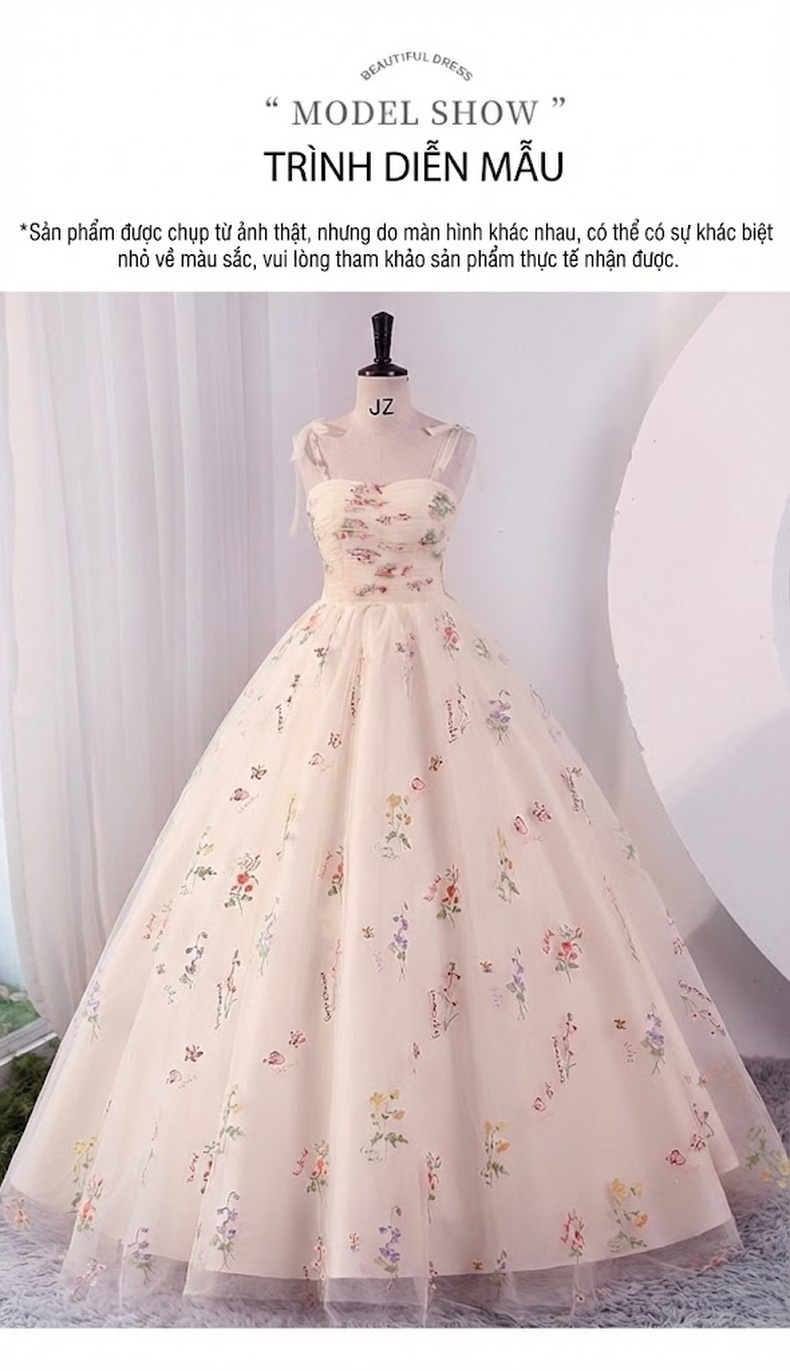 Váy Dạ Hội Nữ Dáng Xòe Hai Dây Họa Tiết Hoa Thanh Lịch Màu Trắng Kem, Đen chi tiết 8